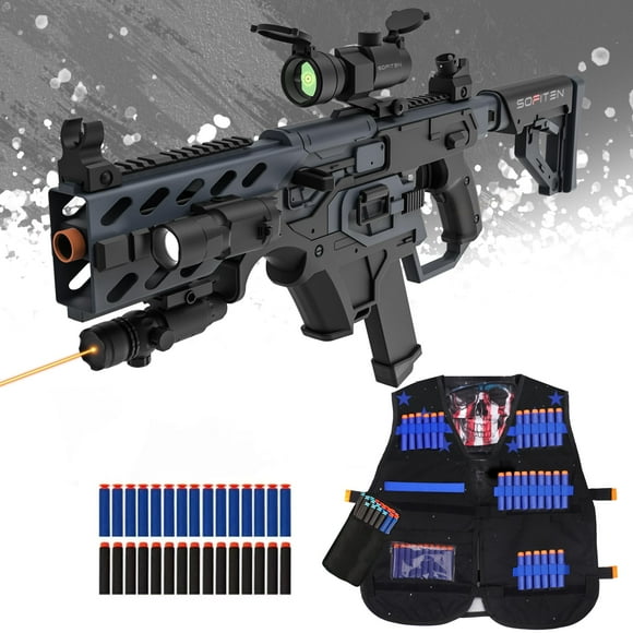 SOFITEN Toy Gun Automatic Sniper Rifle with Tactical Vest Kit, Scope. Toy Foam Blaster Dart Toys with 120 Darts, IR and Flashlight. The Shooting Activity Game for Kids Age 8+