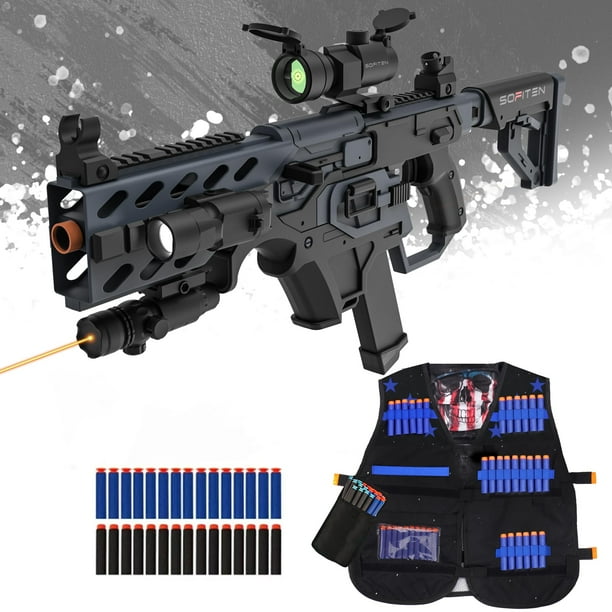 SOFITEN Toy Gun Automatic Sniper Rifle with Tactical Vest Kit, Scope. Toy Foam Blaster Dart Toys with 120 Darts, IR and Flashlight. The Shooting Activity Game for Kids Age 8+
