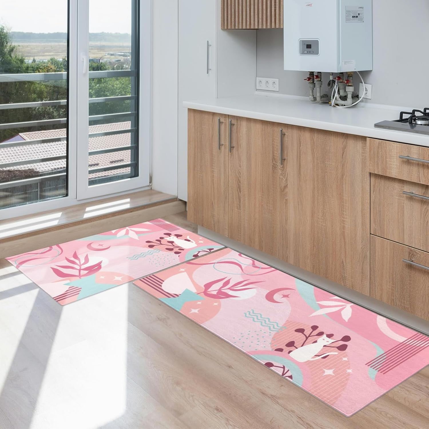Boho Pink Kitchen Mats for Floor Set of 2, Cat Abstract Floor Mat Carpet Runner Area Rug Washable, Pink Home Kitchen Decor and Accessories Stuff, 17x30 and 17x47 Inch