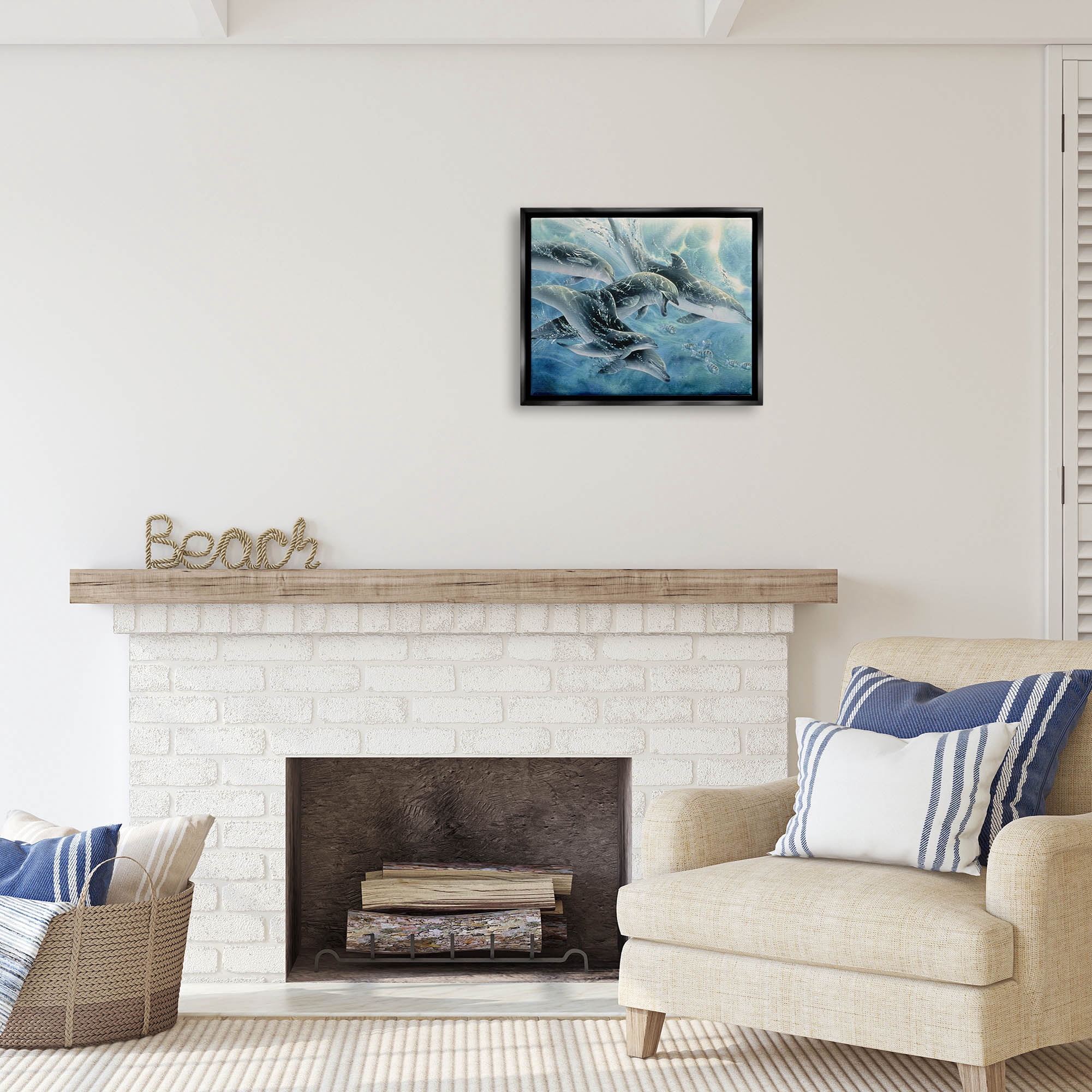 Stupell Industries Playful Passage Dolphins Swimming Coastal Painting Black Floater Framed Art Print Wall Art