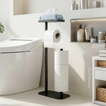 stusgo Black Toilet Paper Holder Free Standing with Shelf, Freestanding Toilet Paper Holders with Storage & Phone Shelf, Modern Standing Toilet Paper Holder for Bathroom, Tissue Holder Stand