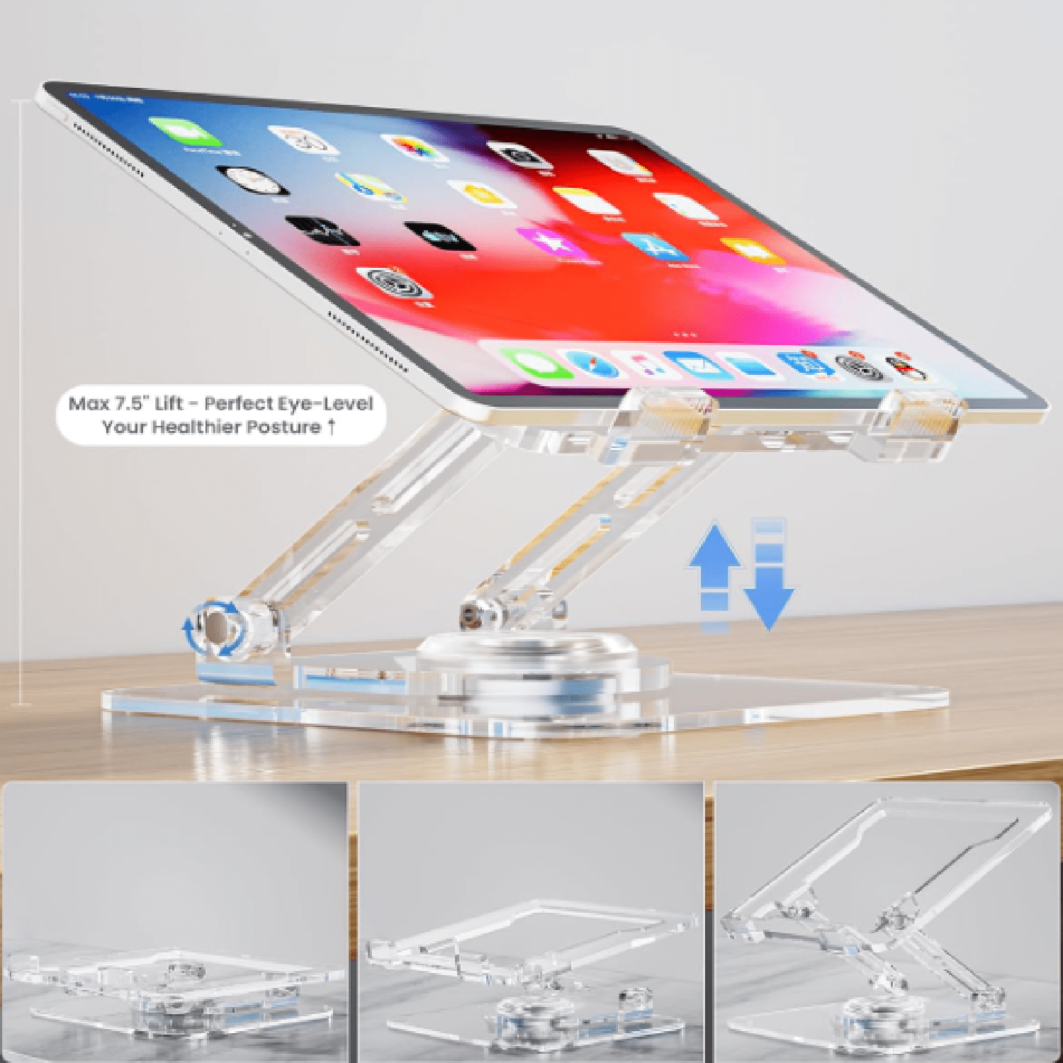 Laptop Stand for Desk - Adjustable, Foldable Clear Acrylic Riser with 360° Rotating Base, Ergonomic Laptop Holder for MacBook Pro/Air & 10-16” Notebooks