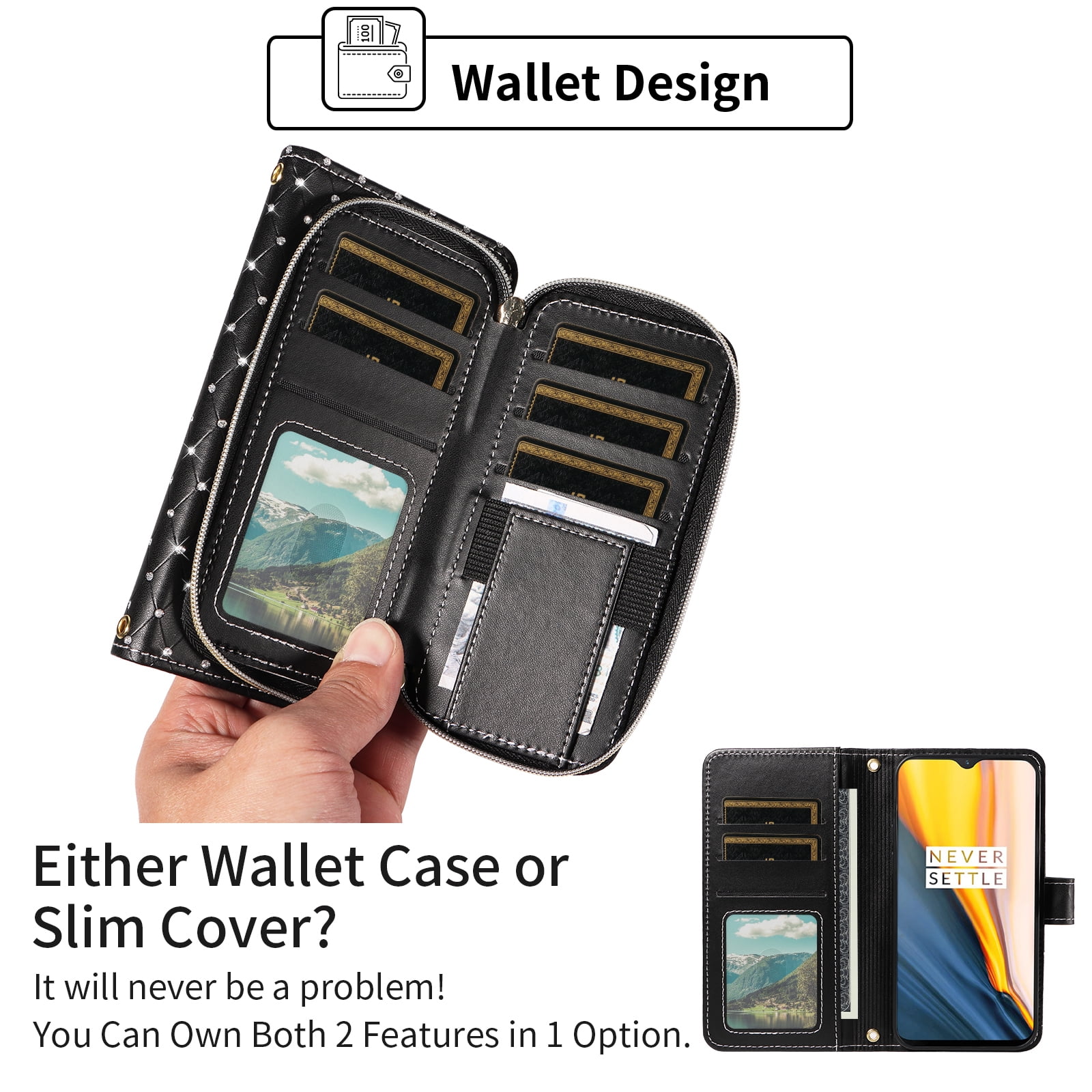 Compatible with Tracfone BLU View 4 B135DL Wallet Phone Case Tempered Glass Screen Protector Bling Crossbody Lanyard Strap Flip Zipper Purse Card Holder Cell Cover for BLUE View 2 2023 Women Black