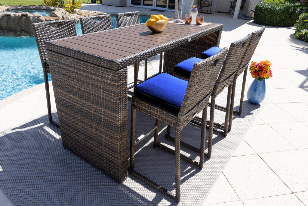 Sorrento 7-Piece Resin Wicker Outdoor Patio Furniture Bar Set in Brown w/Bar Table and Six Bar Chairs (Flat-Weave Brown Wicker, Sunbrella Canvas Navy) - image 2 of 5