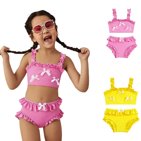 SHenli Swimsuit for Toddler Girls Sleeveless Bow Ruffle Strap Tankini Swimming Suit 2 Piece Bathing Suit for Beach