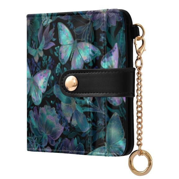 Qxltty Fluorescent Blue Butterfly Ladies Wallet Rfid Slim Thin Compact Credit Card Women Wallet Zipper Coin Pocket and ID Window for Female Gifts
