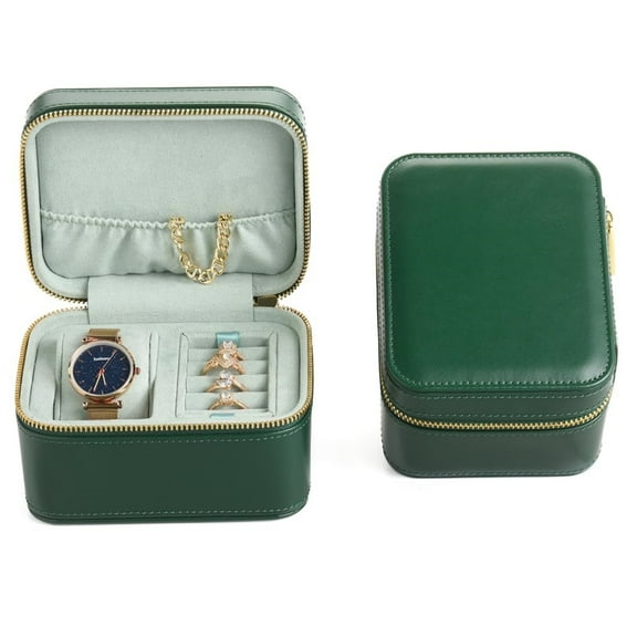 TAIMY PU Leather Travel Jewelry Case, Single-Compartment Watch Pouch with Jewelry Holder, Ring & Earring Tray, Zippered Jewelry Storage Box (Green)
