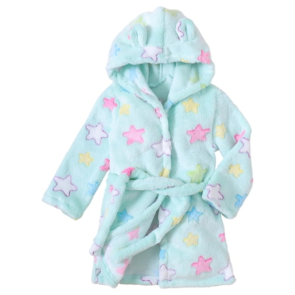 Little Girls Sleepwear Robes Kids Flannel Bathrobe Cartoon Hooded Robe Thick Night Gown Warm Home Sleepwear Outfit Sky Blue 7T-8T