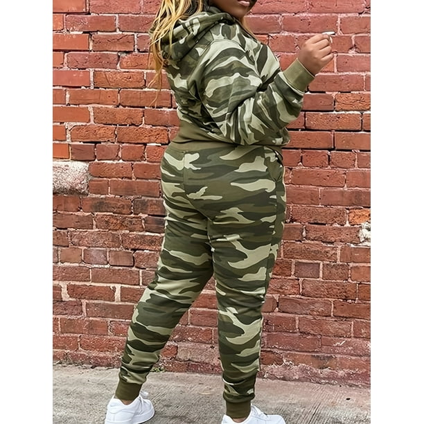 Conjunto De Dos Piezas Con Estampado De Camuflaje Sudadera Con Capucha Y Cordon De Manga Larga Y Pantalones De Chandal Ajustados Ropa De Mujer Walmart en linea