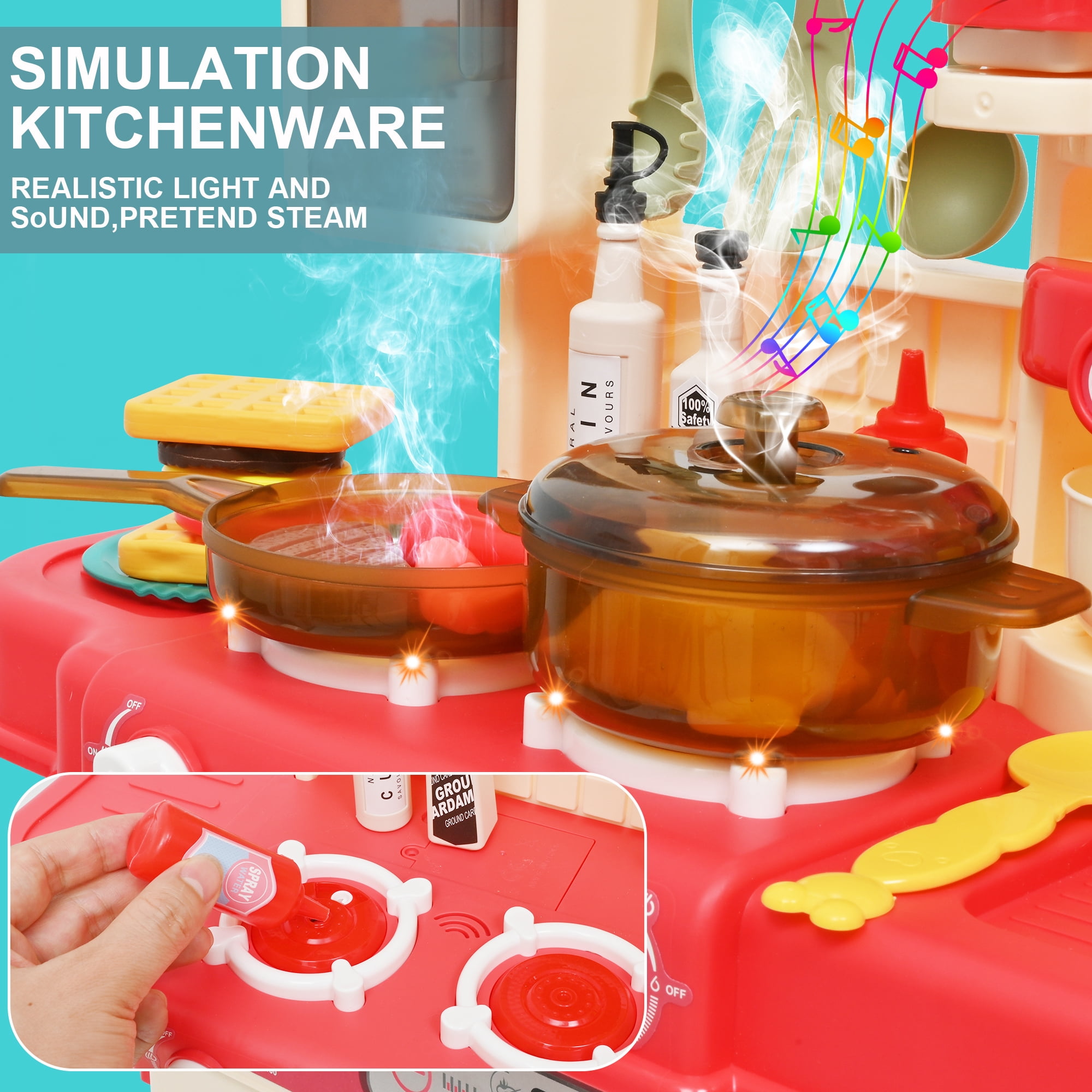 Kitchen Playset, 48Pcs 28Inch Pretend Play Food Toys Kitchen Set for Boys and Girls, Kitchen Toys with Realistic Lights&Sounds, Simulation of Spray and Play Sink,  with Toddler