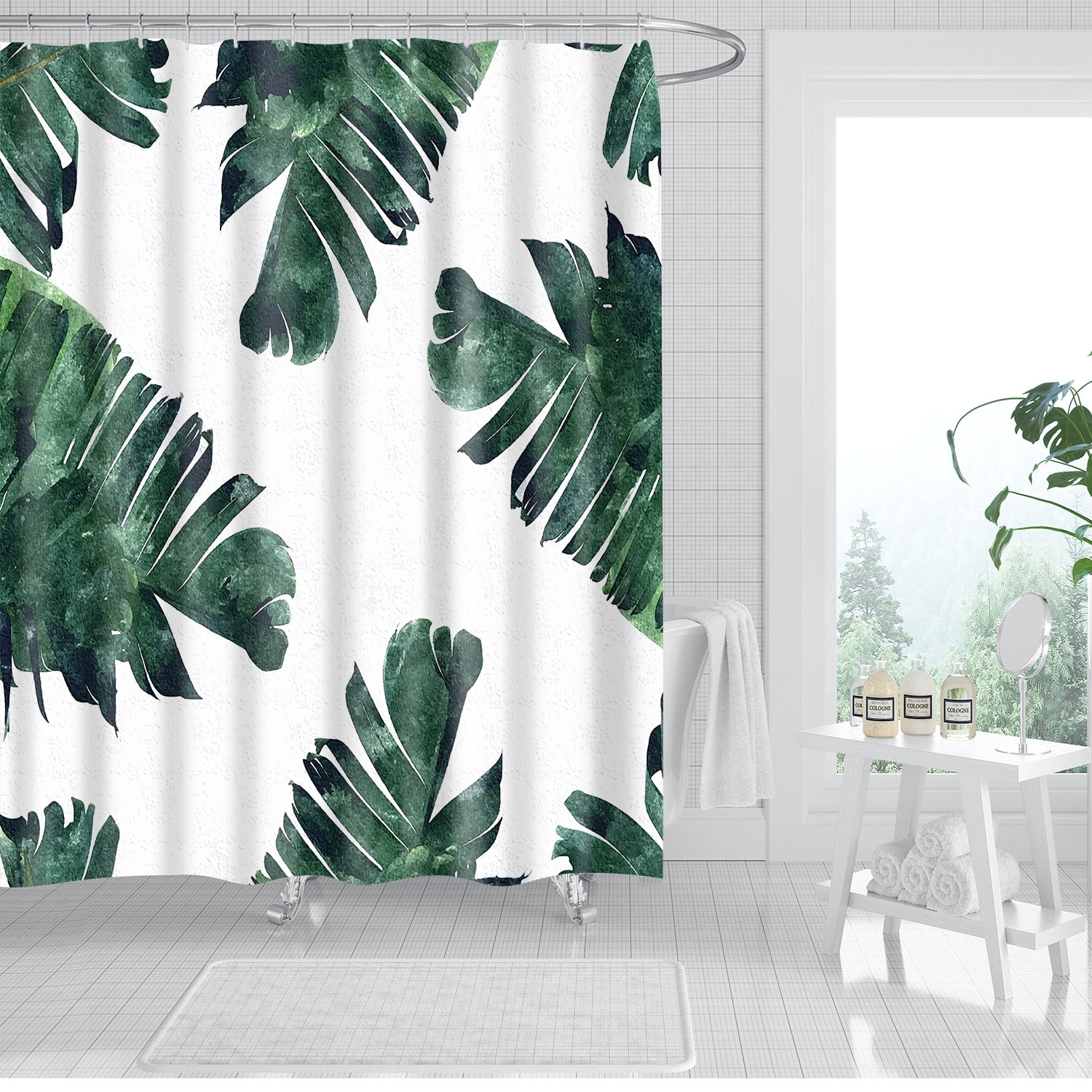 71" Palm Leaf Design Waterproof Fabric Shower Curtain Liner Bathroom Doormat Set 