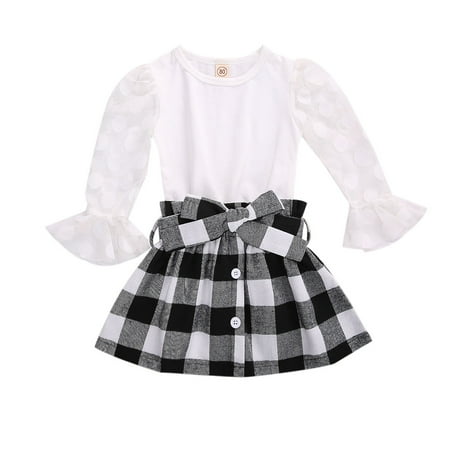 

Kiapeise Baby Girl Long Sleeve + Plaid Skirt Mesh Stitching Decoration Flared Sleeves Spring Clothing
