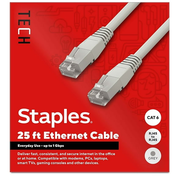 Staples TECH 25 ft. Cat-6 Ethernet Cable Male to Male Gray (ST62446)