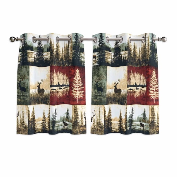 Forest Reindeer Kitchen Curtains Short 45 Inch Length, Country Rustic Green Red Patchwork Grommet Top Bedroom Living Room Curtains, Light Filtering Cafe Curtain Drapes 2 Panels Set 84''x45''
