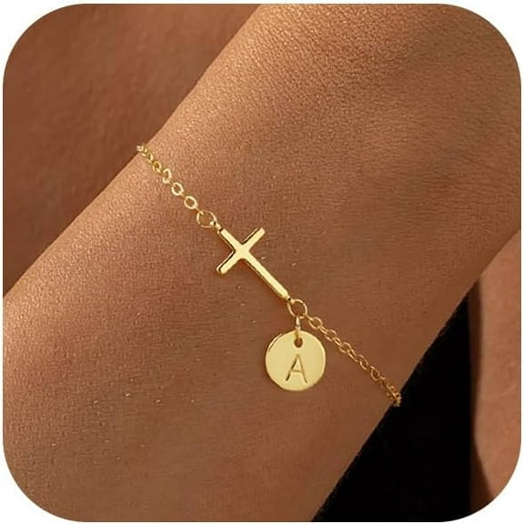 Gold Bracelets for Women 14K Real Gold Plated Cross Initial Charm Bracelet Dainty Cute Trendy Custom Letter Bracelets Waterproof Non Tarnish Simple Fashion Jewelry Gifts