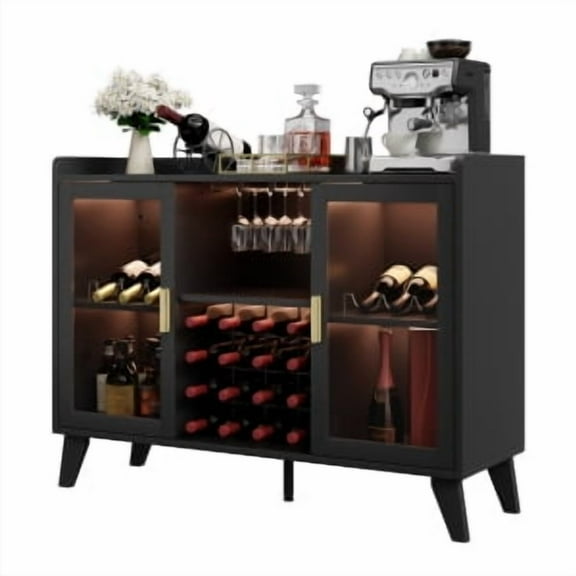 Wine Bar Rack Cabinet with Wine Rack,Coffee Bar Cabinet with Glass Holder,Small Sideboard and Buffet Cabinet with Acrylic Door,Liquor Cabinet Bar with Power Outlet and LED Light for Living Dining Room