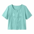 thumbnail image 6 of QUNYINEY Solid Womens Tops Cotton Linen Short Sleeve Summer T Shirts Button Loose Fit Crew Neck Pullover Embroidered Tops, 6 of 8