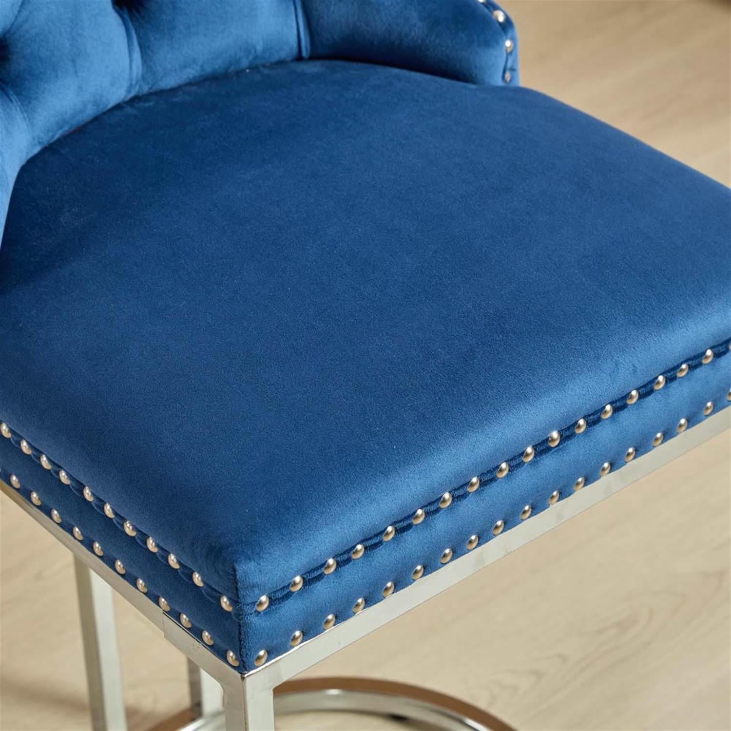 Demi Bonn 38" Counter Height Bar Stools Set of 2, Velvet Barstools with Button Back, Kitchen Island Countertop Chairs for Dining Room, Blue