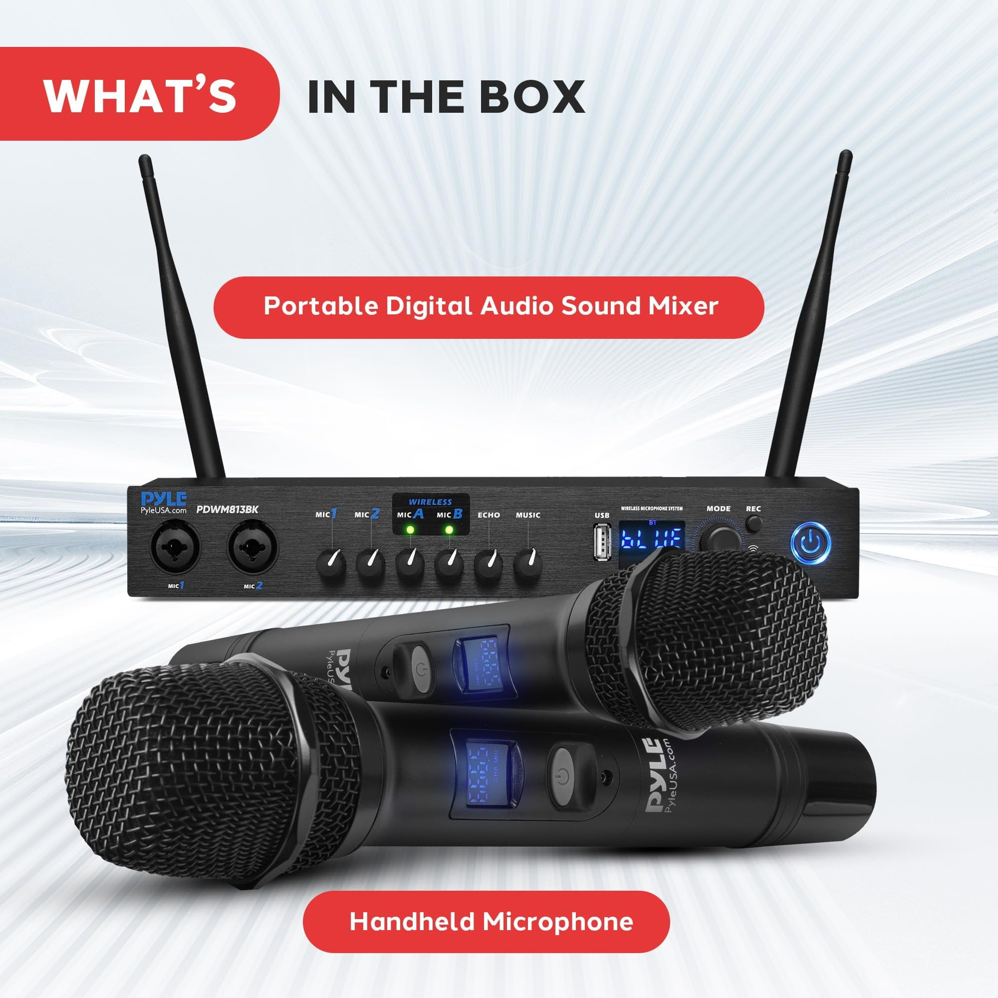 Pyle UHF Wireless Microphone System - Portable Digital Audio Sound Mixer Receiver w/ Bluetooth, 2 Handheld Mic, Receiver Base, Addressable Frequency, Great For Home Karaoke & Professional Use, Black