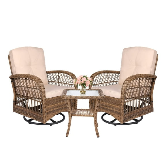 MEETWARM 3 Pieces Outdoor Wicker Swivel Rocker Patio Set, Rocking Chairs Rattan Patio Furniture Sets with Thickened Cushion and Glass-Top Coffee Table, Conversation Bistro Set for Porch (Light Brown)