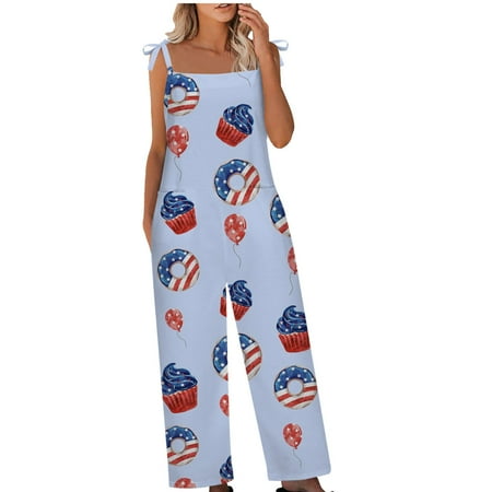 

Dyegold Jumpsuits for Women Casual Womens Jumpers and Rompers Casual Loose Wide Leg Bib USA Flag Patriotic Square Neck Sleeveless Rompers Long Pants
