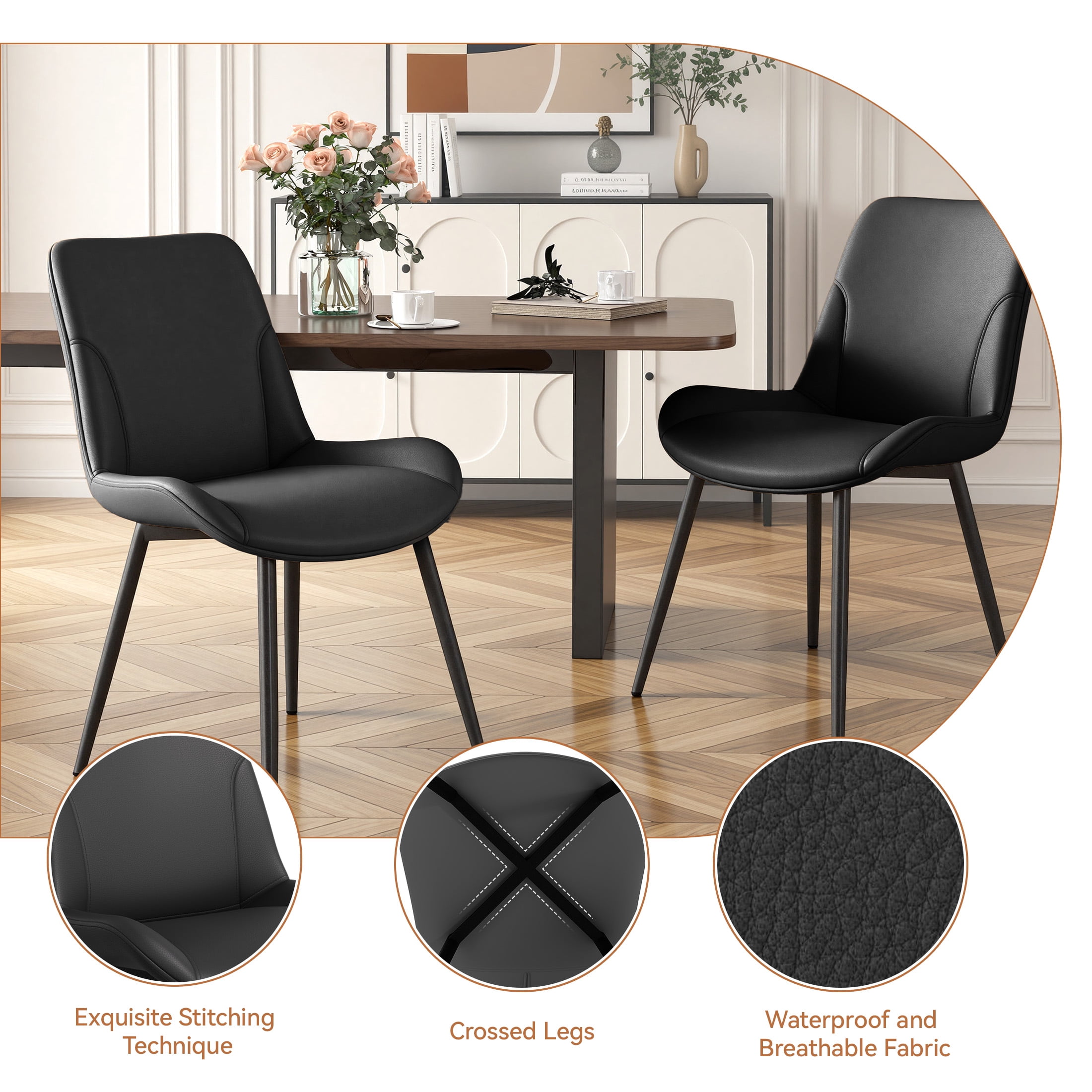 MOONMISS Dining Chair Set of 2,Upholstered with Ergonomic Backrest Metal Legs for Kitchen Office Reading,Black