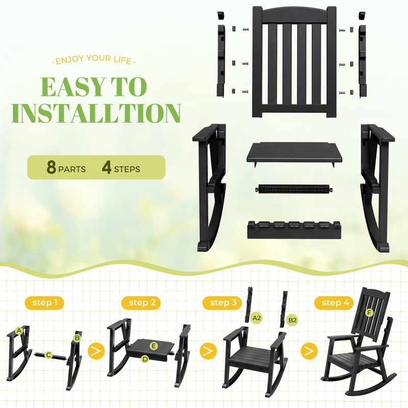 Vineego Oversized Outdoor Rocking Chair Set of 2, Heavy Duty Patio Rocker, All-Weather Resistant Front Porch Lawn Chairs for Outside, Black