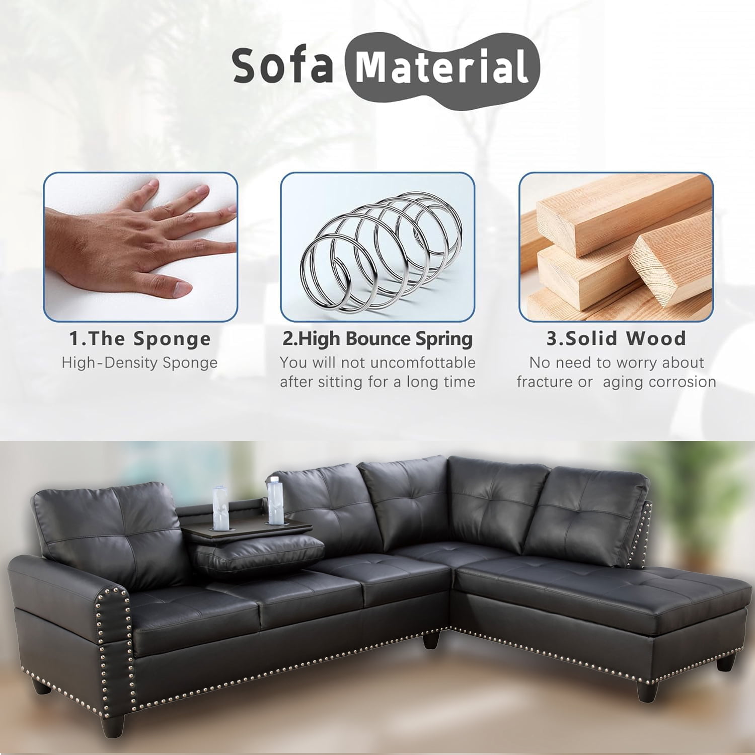 Sectional Couch for Living Room Furniture Sets, Faux Leather L Shape Living Room Sofa with Chaise 2 Piece Using for Apartment, Office, Bedrooms, Black(Facing Right Chaise)