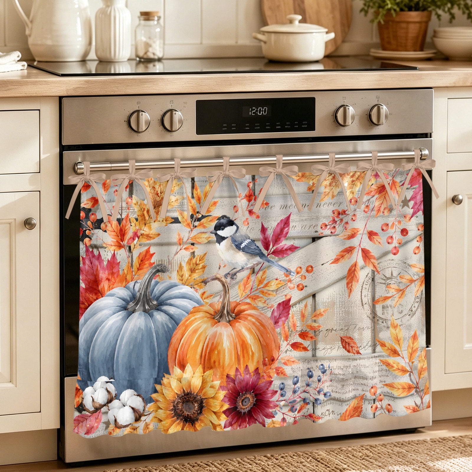 Oven Curtain for Kitchen Thanksgiving Pumpkin Sunflower Stove Curtain With Ruffled Trim Dishwasher Curtains Fall Leaf Bird Farmhouse Wood Oven Skirt 30 x21.5