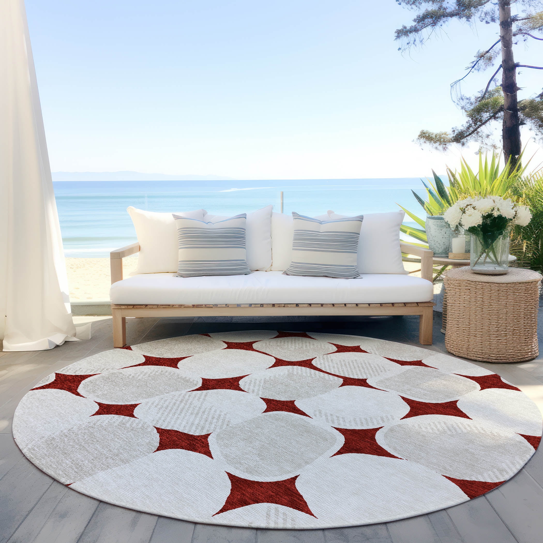 Addison Rugs Chantille Indoor/Outdoor Transitional Circles Burgundy Washable Round Rug, 8' x 8'