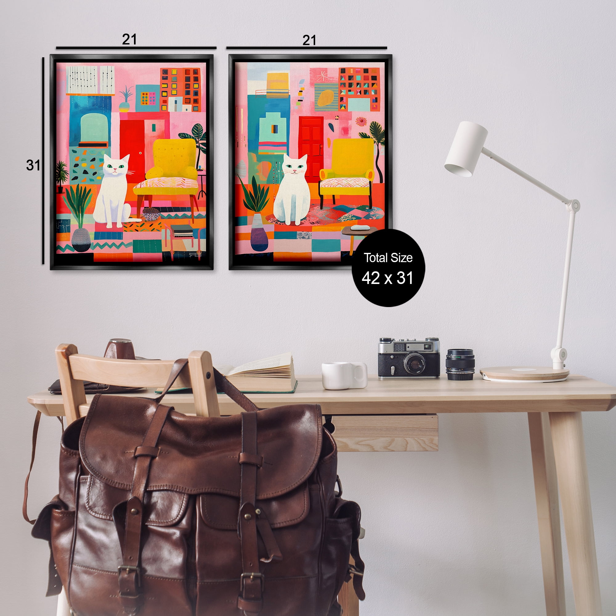 Stupell Industries Bright Room Sitting Cat Furniture Painting Black Floater Framed Canvas Art Print Wall Art, 21 x 31, Set of 2