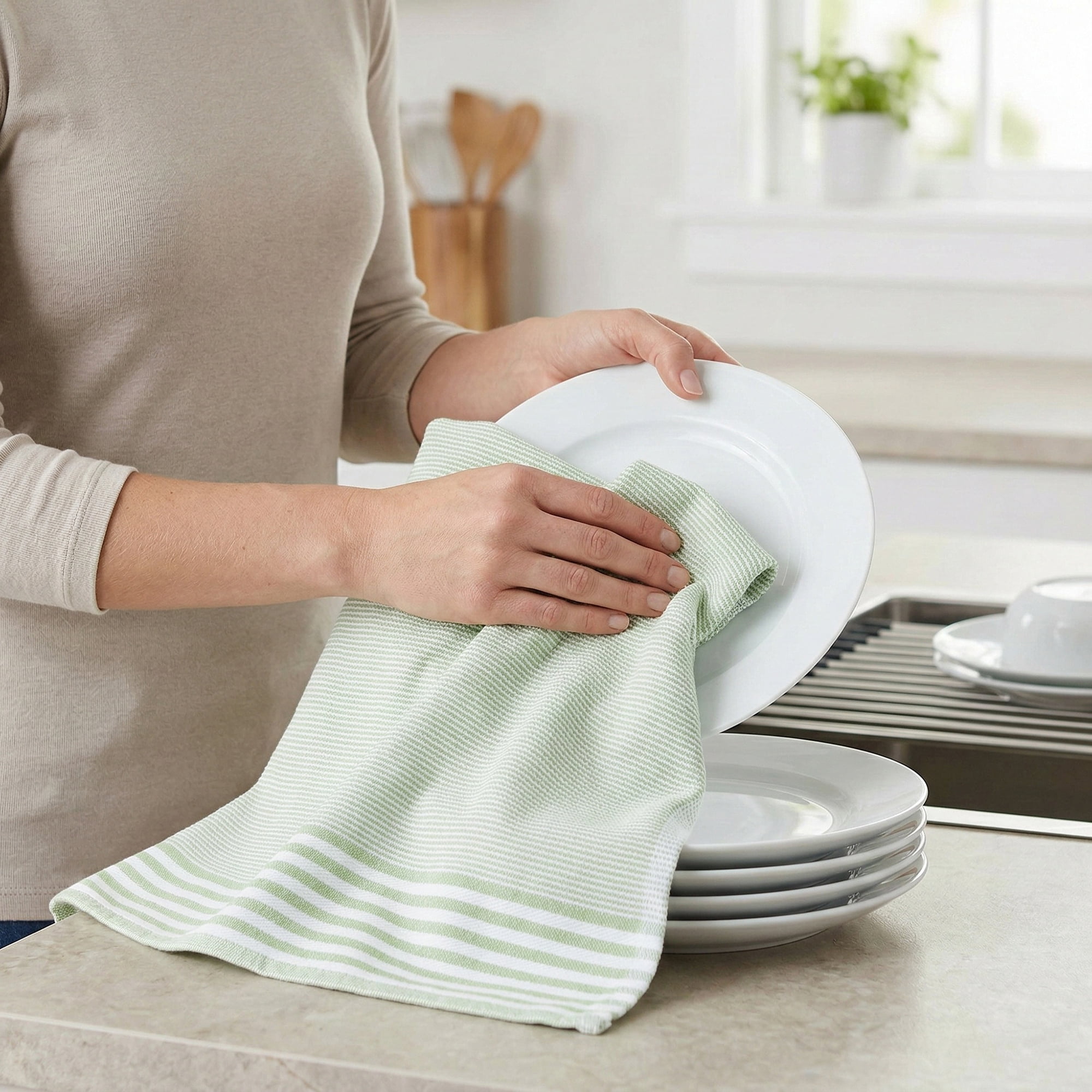 Unique Bargains 100% Cotton Striped Quick Dry Kitchen Towels Khaki 4 Pack Green 26" x 18"