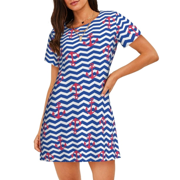 Disketp Nautical Anchors para Camisón Corto de Manga Corta para Mujeres, Camisón Cómodo con Escote Redondo, Bonito y Confortable