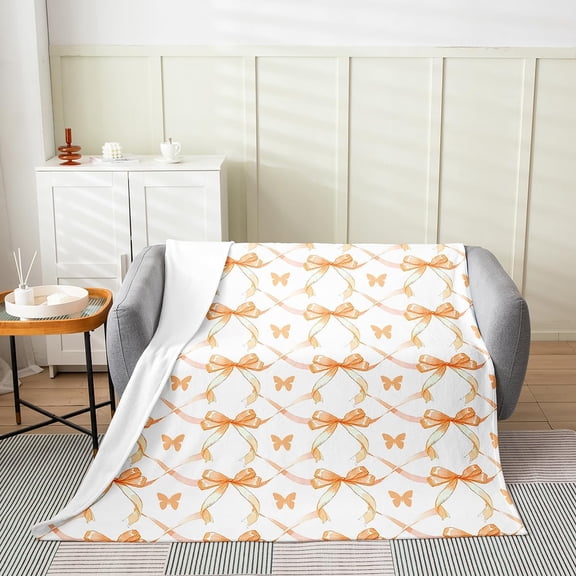 Soft Cozy Flannel Throw Blanket with Orange Bow And Butterfly Print for Bedroom Couch Sofa Home Decoration