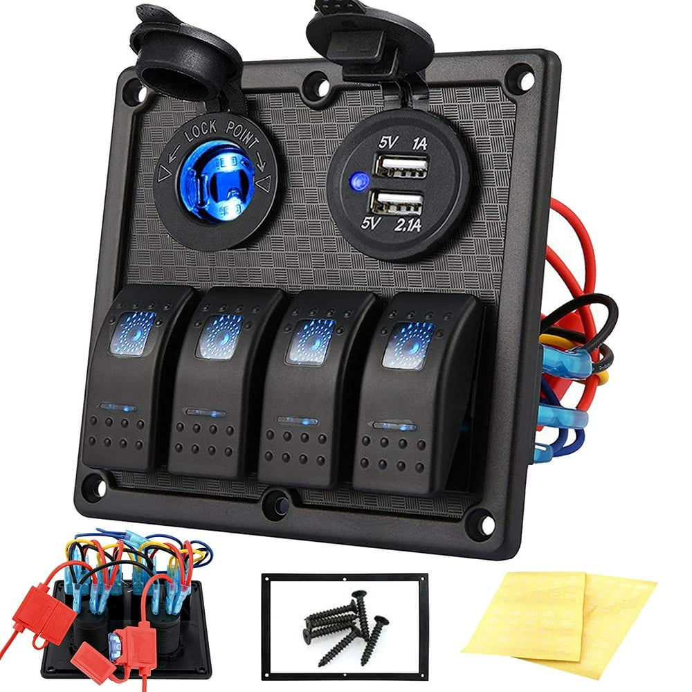 Kohree 4 Gang Marine Boat Rocker Switch Panel, 12V Waterproof LED