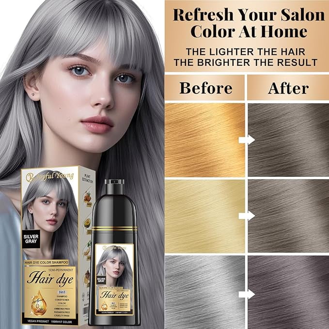 Hair Dye Shampoo 3-in-1, Semi-Permanent Color Enhancing Shampoo, Color Depositing Shampoo for Women & Men, Vegan, Ammonia-Free (Silver Gray)