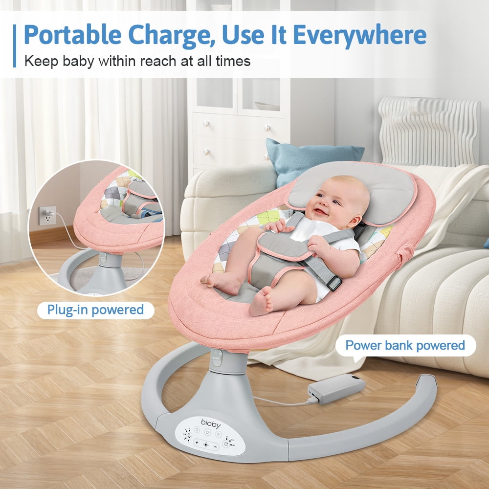 Electric Baby Swing, Bioby Infant Swing Chair Rocker with Remote Control, 5  Swing Speeds, Seat Belt, Bluetooth Music, Grey