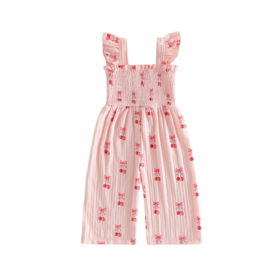 BemeyourBBs Toddler Baby Girl Summer Clothes Baby Girl Pink Cherry Outfit Smocked Romper 6 12 18 24Months 2 3 4 Years Cherry Print Flying Sleeve Wide Leg Pants Jumpsuit