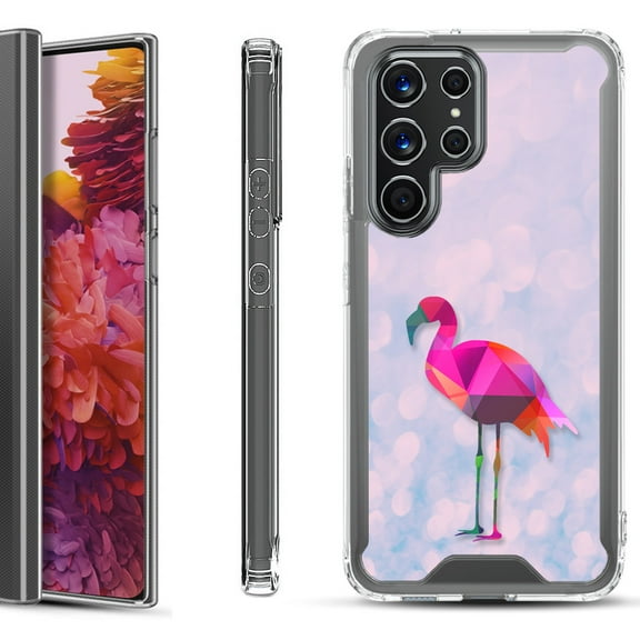 Shockproof Bumper Phone Case for Samsung Galaxy S22 Ultra 5G, by OneToughShield ® - Flamingo / Polygon