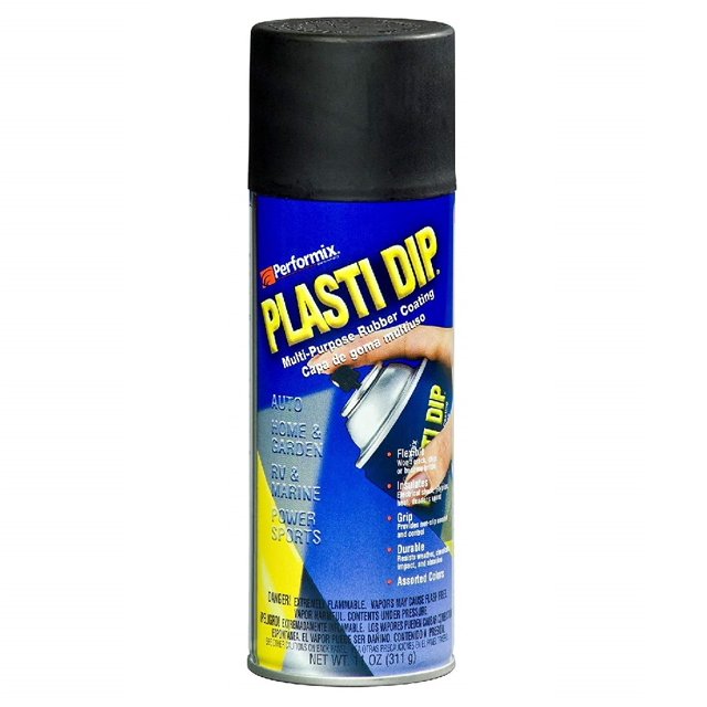 Plasti Dip Black Matte Removable Rubber Coating Aerosol Can - 11oz, with a blue and yellow label showcasing branding and product details. The can features a black matte cap and is ideal for automotive, home, and DIY projects, providing a flexible, weather-resistant coating for metal, plastic, wood, and glass. Suitable for auto paint applications, it offers a durable, peelable finish for temporary or long-term use.