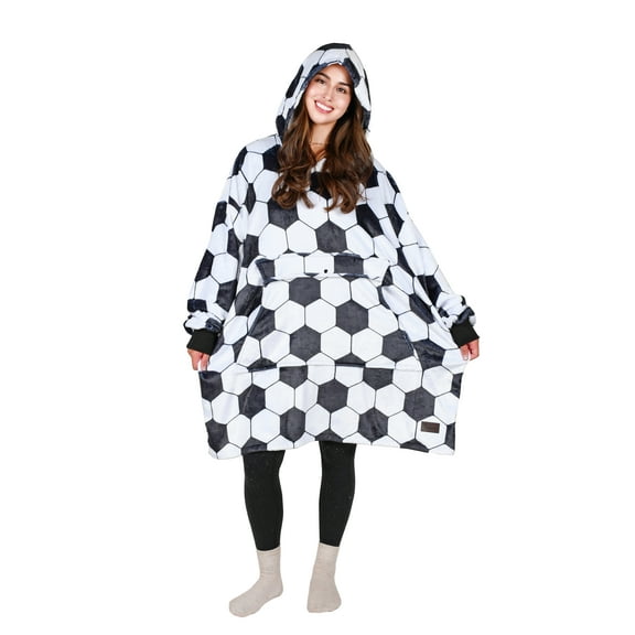 Tirrinia Wearable Blanket Oversized Hoodie for Adults, Soccer Panda Print Fleece Sweatshirt, as Warm & Funny Gifts for Family & Friend. One Size Fits All