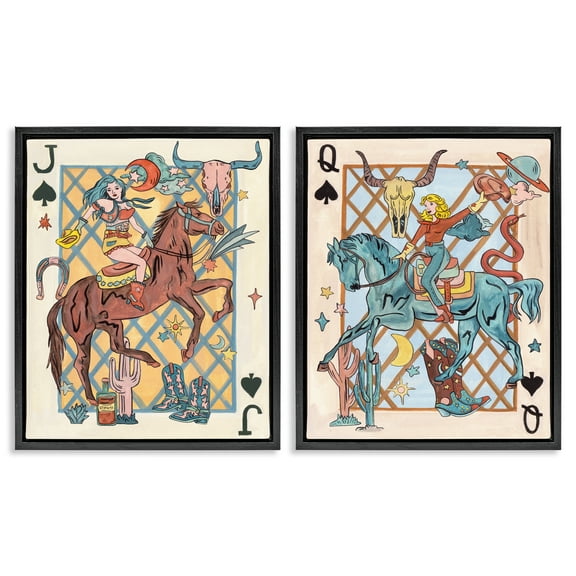 Stupell Industries Western Cowgirl Playing Cards Entertainment Painting Black Floater Framed Canvas Art Print Wall Art, 17 x 21, Set of 2