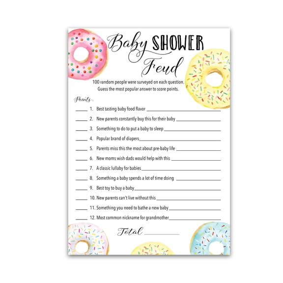 Donut Baby Shower FEUD Game — Pack of 25 — Fun Shower Family Feud Games, Doughnut Theme Baby Shower Activity, Girl or Boy Gender Neutral Pink Blue Baby Shower Fued Games G850-BSF