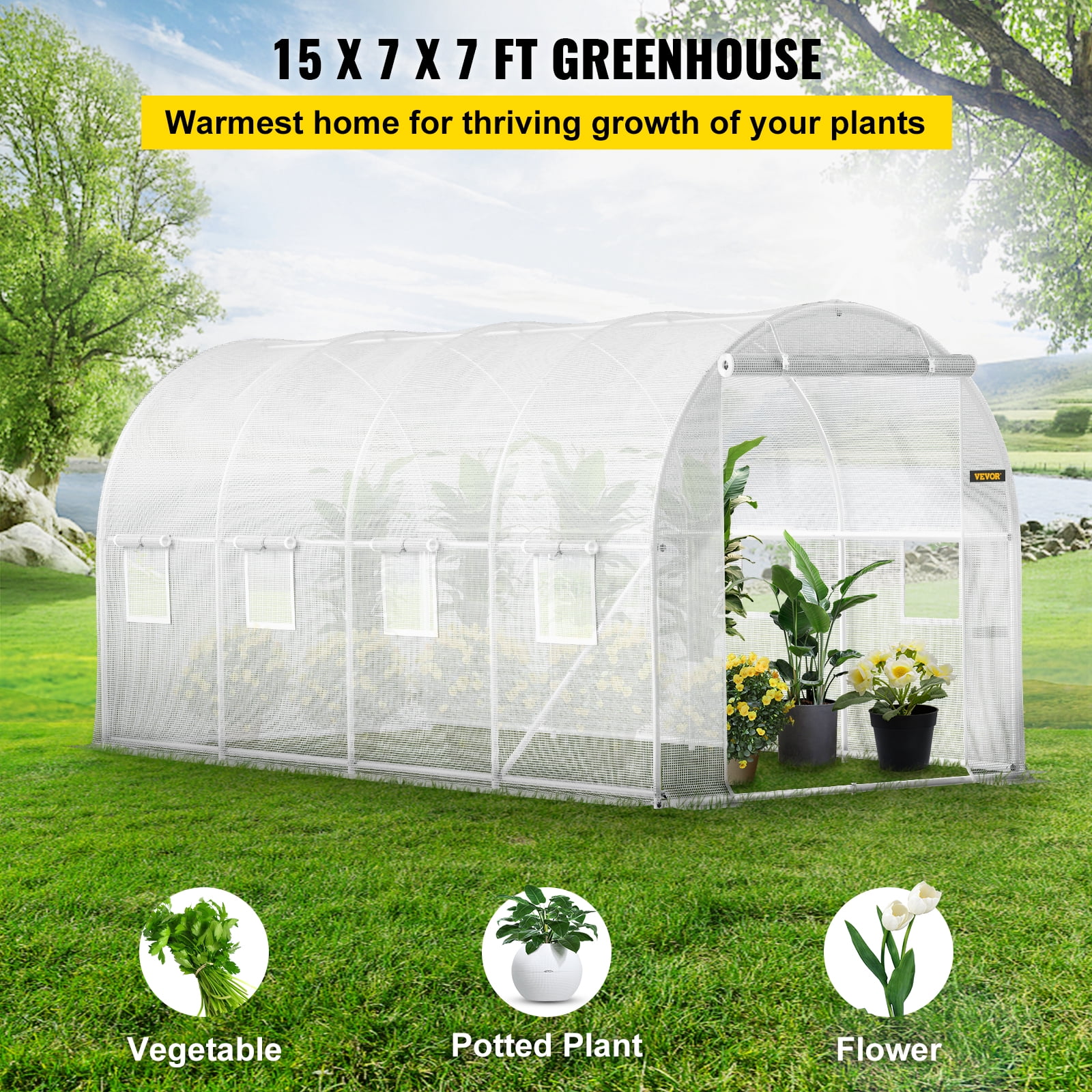 VEVOR Walk-in Tunnel Greenhouse 15 x 7 x 7 ft Portable Plant Hot House Galvanized Steel Frame 140G PE Waterproof Cover Greenhouse Kit