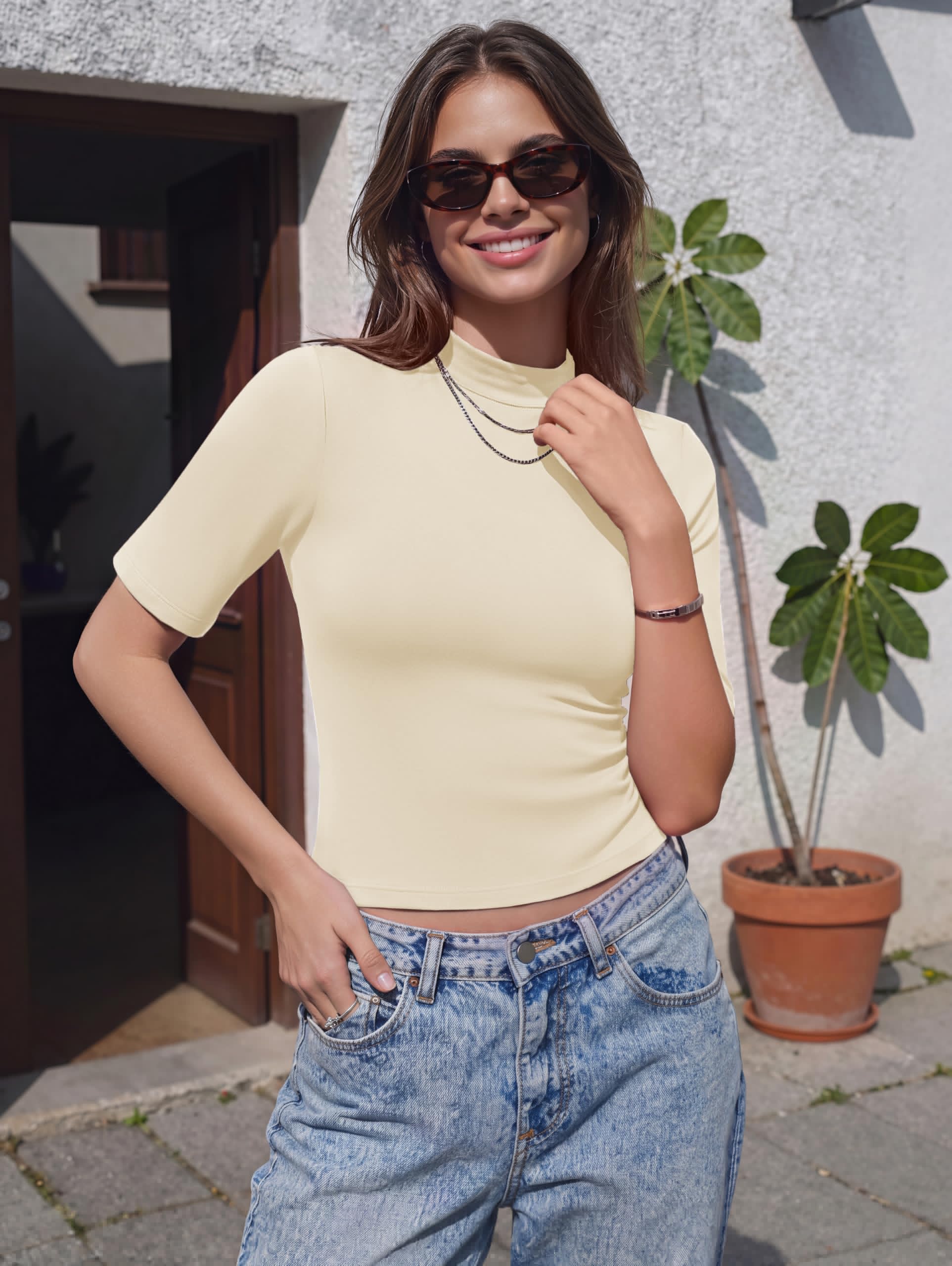 thumbnail image 3 of Zeagoo Basic Tops for Women Short Sleeve Stretch Tshirt Mock Neck Slim Fitted Shirts, 3 of 5