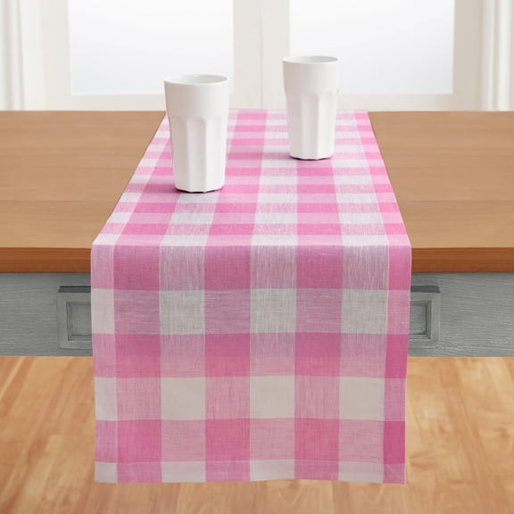 Linen Checkered Table Runners 72 Inches Long - 100% Pure Linen Pink Begonia Buffalo Plaid Table Runner 14 x 72 Inch Ideal for Dresser, Dining