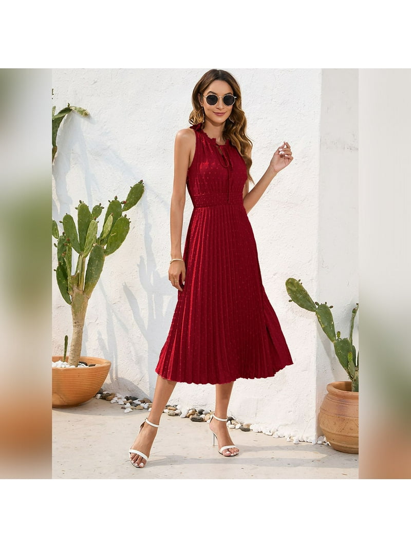 IWEMEK Women Casual Summer Dress Semi Formal Dinner Outfits Pom Pom Keyhole Halter  Neck Red Pleated Dresses for Ladies - Walmart.com