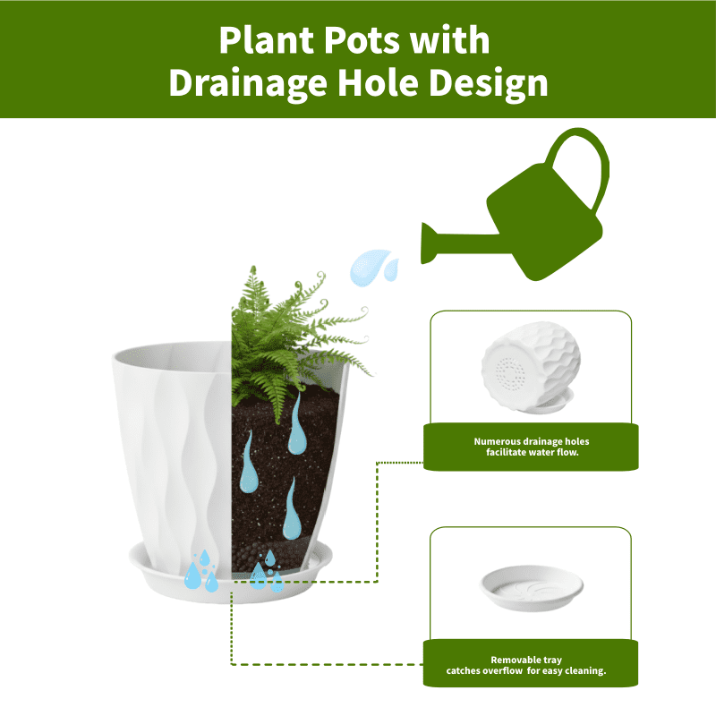 6 Pack 8 Inch Plant Pots , Plastic Flower Pots for Indoor & Outdoor Plants, Planters with Drainage Holes and Saucer (White)
