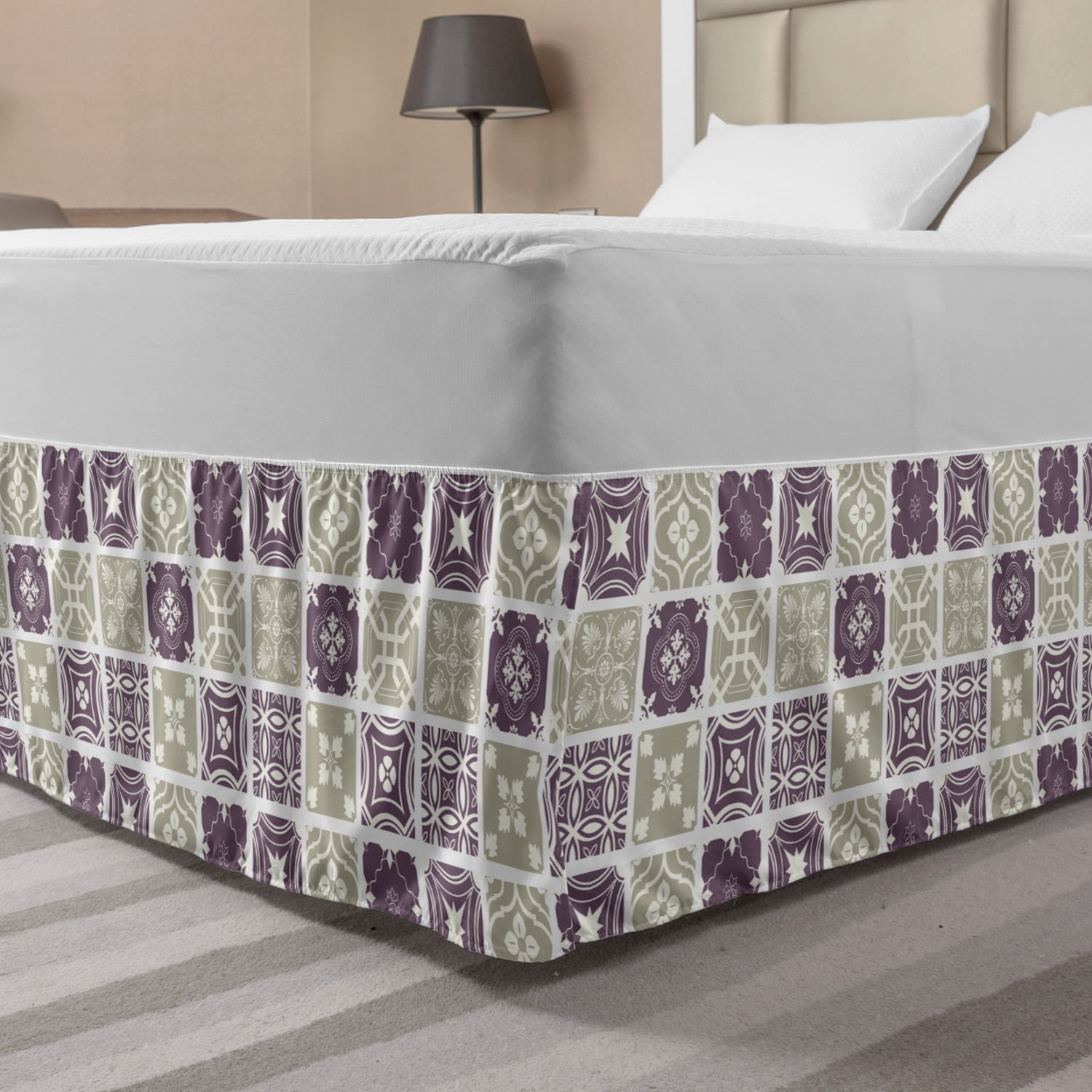 Mosaic Bed Skirt, Moroccan Ethnic Style Vintage Tiles Motif Traditional