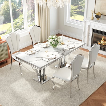 Luxurious Dining Table Set of 5 Rectangular Faux Marble Dining Table with Stainless Steel Base 4 Petal Back PU Upholstered Dining Chairs for Apartments